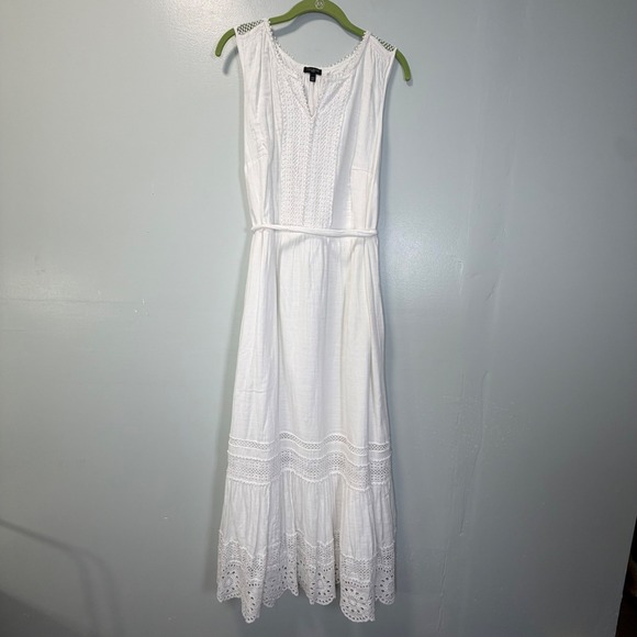 Talbots Woman White Cotton Eyelet Lace Maxi Dress Sleeveless 14W Side Zip Boho - Picture 2 of 10